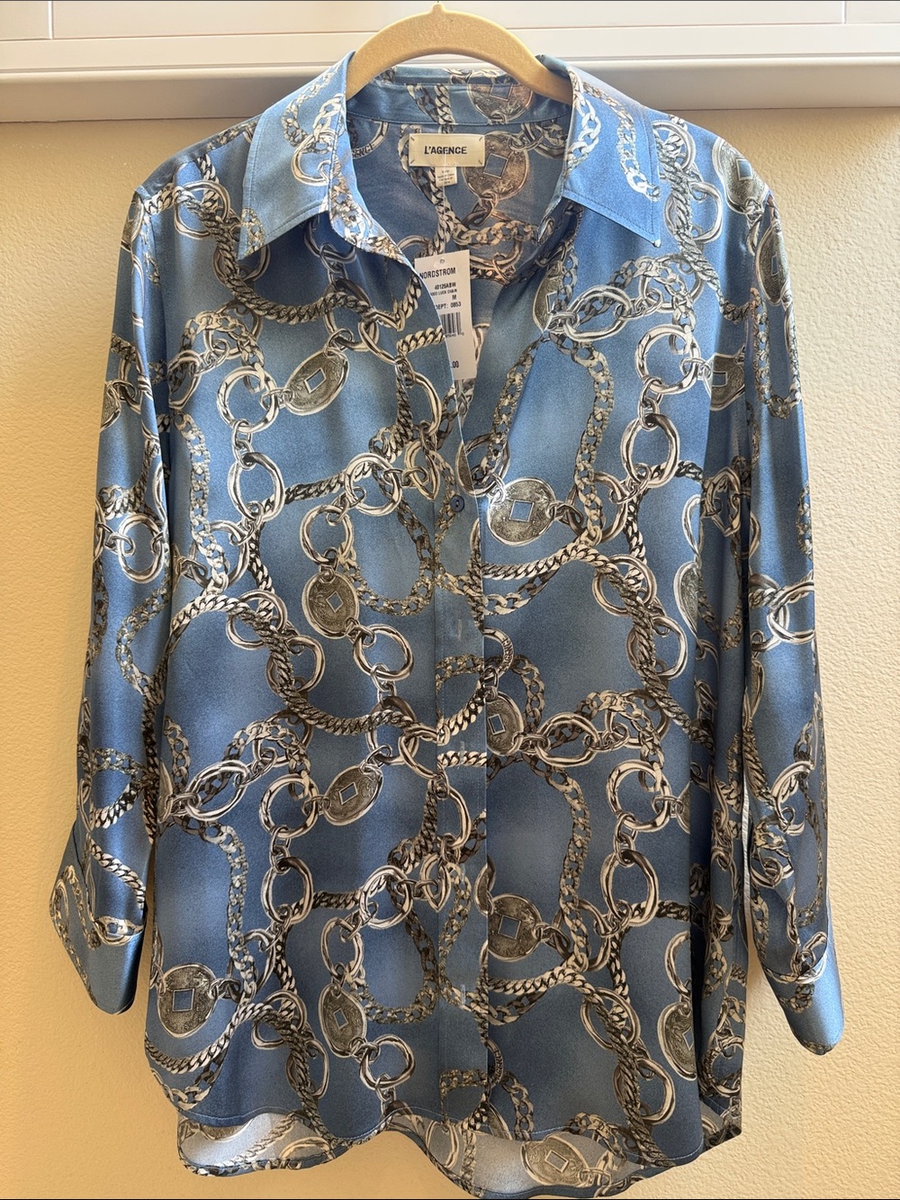 L'AGENCE Blue Chain-Print Silk Blouse